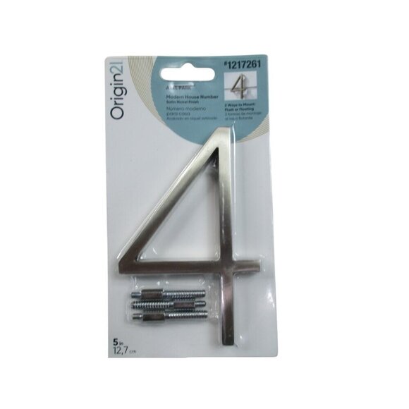 5 Inch Modern Floating Mount House Number 4 Silver Satin Nickel Finish w/ Screws - Picture 1 of 5